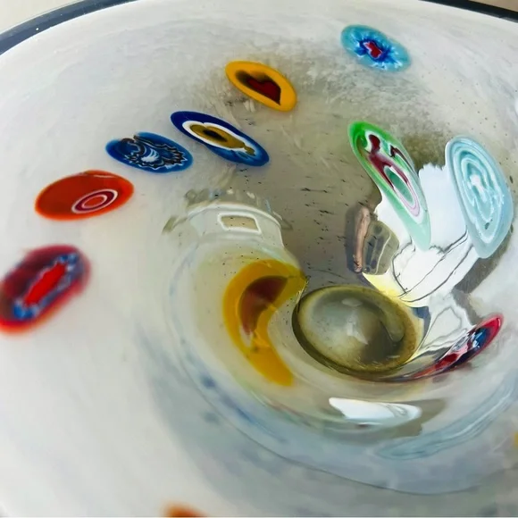 Vintage Lavorazione Murano Millefiori White Glass CenterPiece Bowl Italy